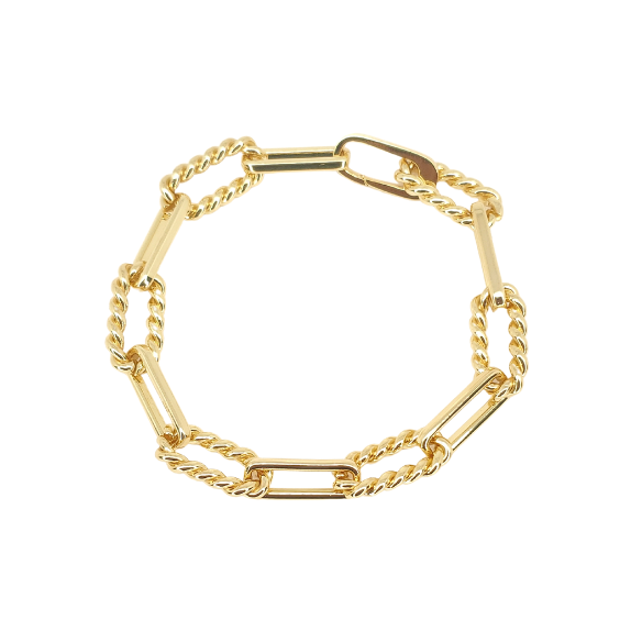 A modern take on the classic bracelet, this piece features an interesting texture. The alternating twists create a textured look, while still maintaining a sleek, modern aesthetic.